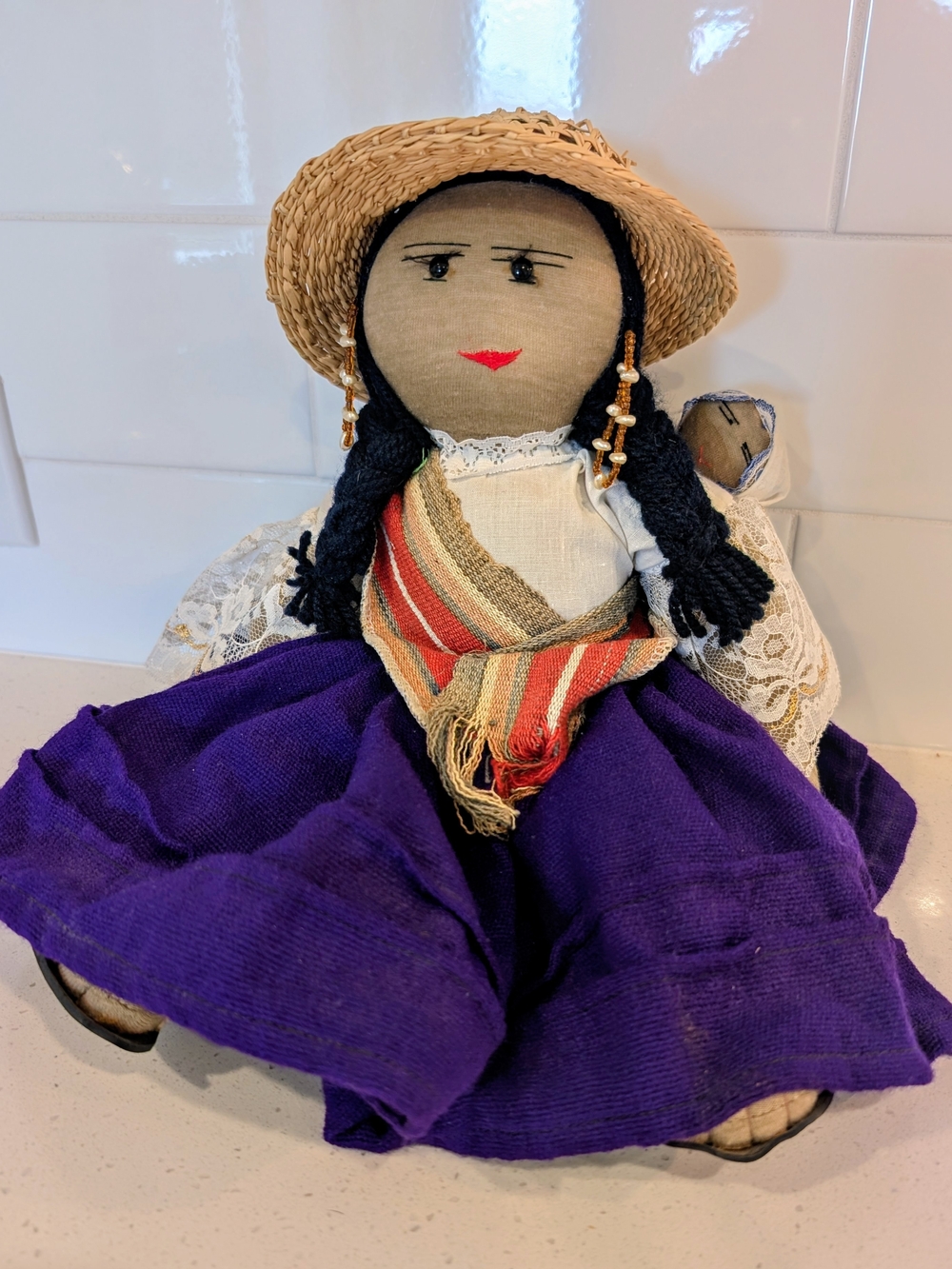 Handmade Folk Art Doll of Indigenous Woman Carrying an Infant.